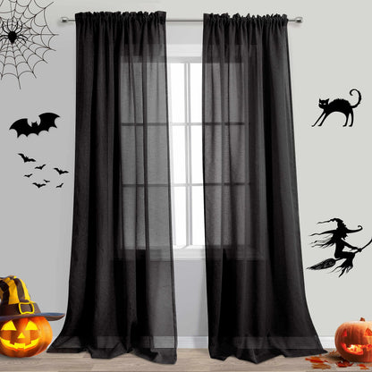 KOUFALL Black Curtains 96 Inches Long for Office,Light Filtering Linen Sheer Curtains for Living Room 96 Inch Length