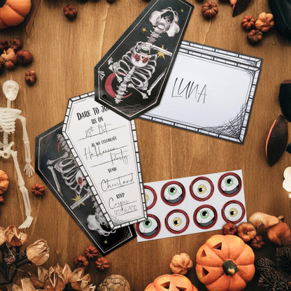 Cheerland Spooky Skeleton Coffin Gothic Summerween Party Invitations Letters With Envelopes and Stickers for Emo Parties Scary Wedding Invitation cards Goth Halloween Party Invites Party Supplies 8Pcs