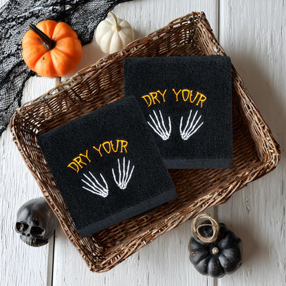 EraGleeVibe 2 Pcs Halloween Gothic Skull Skeleton Embroidered Hand Towels Black Dry Your Hands Cotton Towel for Bathroom Home Kithcen Skeleton Bathroom Towels Gift 13.4 x 29.5 Inch