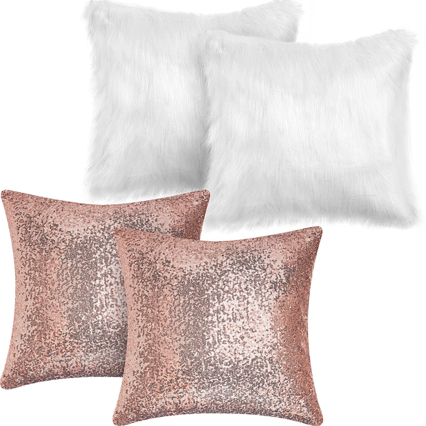 Irenare 4 Pcs Sequin and Fluffy Pillow Covers Winter Throw Pillow Cases Soft Cushion Cover for Couch Bed Sofa Xmas Day (White, Rose Gold,18 x 18 Inch)