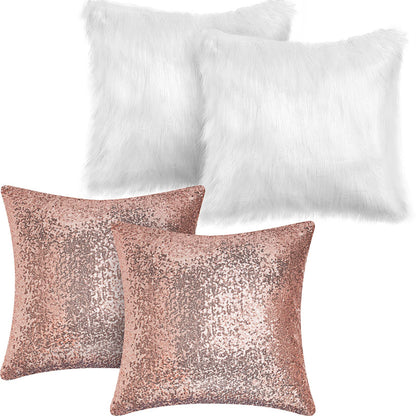 Irenare 4 Pcs Sequin and Fluffy Pillow Covers Winter Throw Pillow Cases Soft Cushion Cover for Couch Bed Sofa Xmas Day (White, Rose Gold,18 x 18 Inch)