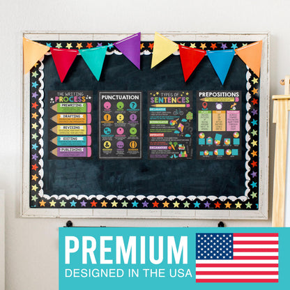 Parts of Speech Posters for Classroom Must Haves -12 Grammar Posters, Writing Process for Homeschool, Elementary & Middle School, ELA 3rd 4th & 5th Grade Teacher Must Haves, Chalkboard Classroom Decor