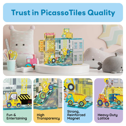 PicassoTiles Magnet Tiles Magnetic Building Blocks with 8 Construction Vehicles Crank Truck Excavator Bulldozer Road Roller Concrete Mixer Tractor Dump Truck Forklift Toys Learning Kids Ages 3+ PTQ11