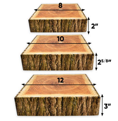 Gift Boutique Wood Look Cake Stand Holder Set of 3 Square Cardboard Dessert Display Stands 8 10 12 Inch Tree Slice Bark Base Cupcake Tray for Wedding Table Decor