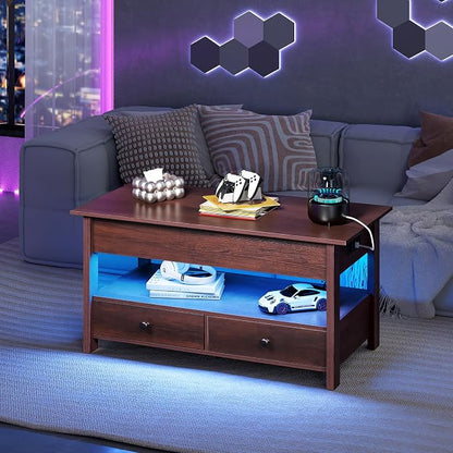 WLIVE Coffee Table, Lift Top Coffee Table with Drawers, LED Light, Large Storage and Open Shelf, Lift Tabletop for Living Room, Espresso