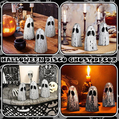 Gemscream 3 Pcs Halloween Disco Ghost Decor 5.9 Inch Silver Mirror Disco Balls Table Decoration Silver Glitter Spooky Ghost Sign Halloween Tiered Tray Decor Mosaic Table Centerpiece for Party Gift