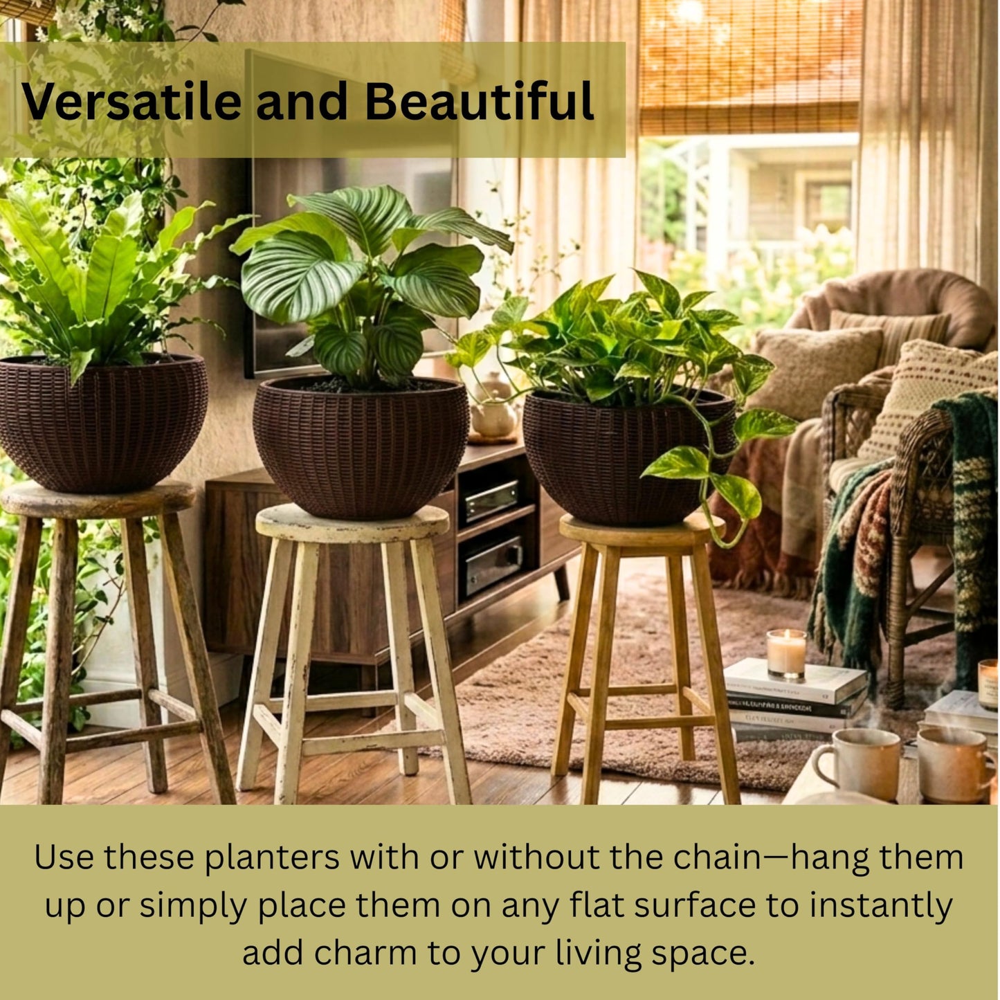LaLaGreen Bundle- 4 Pack, 11 Inch Self Watering Hanging Basket + 2 Pack, 24 Inch Metal Basket with Coco Liner Wall Mount Fence Rail Planter Round Plastic Flower Pots Balcony Porch Patio Outdoor Garden