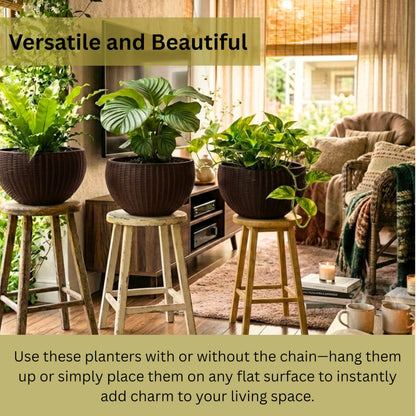 LaLaGreen Bundle- 4 Pack, 11 Inch Self Watering Hanging Basket + 2 Pack, 24 Inch Metal Basket with Coco Liner Wall Mount Fence Rail Planter Round Plastic Flower Pots Balcony Porch Patio Outdoor Garden