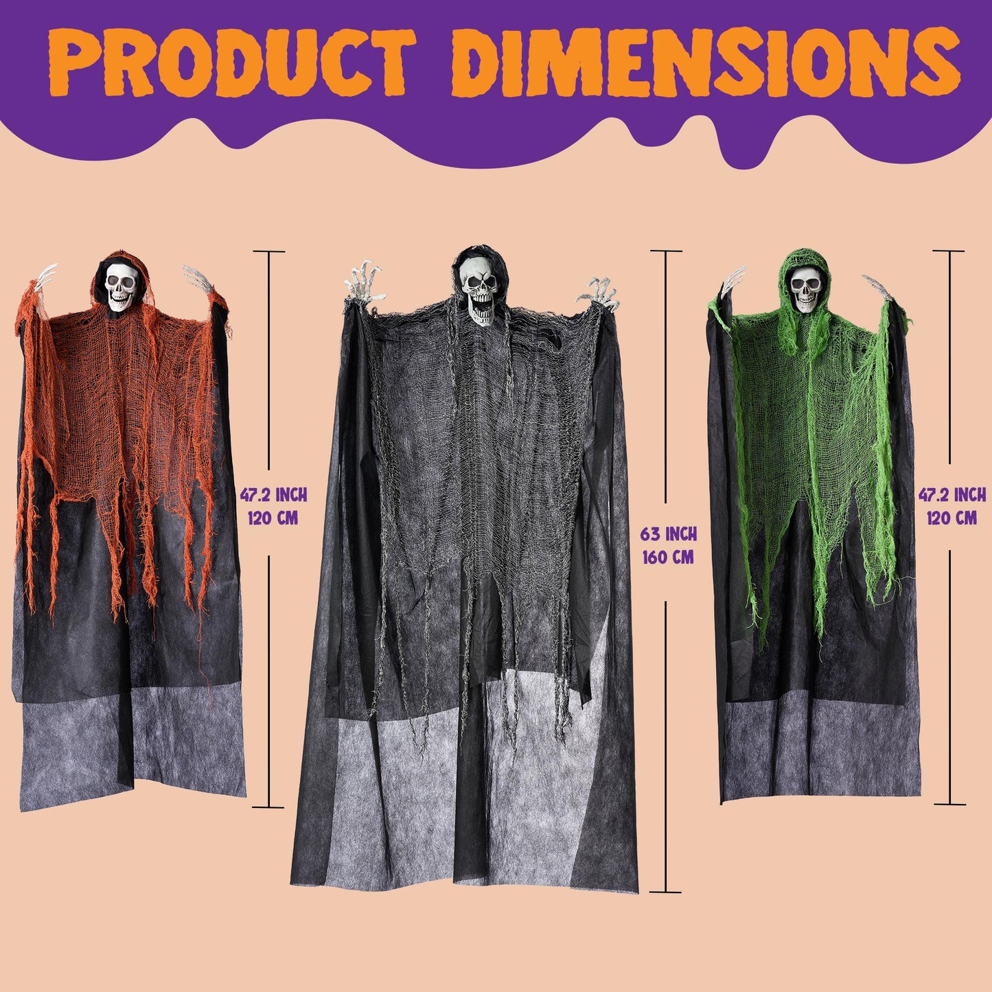 JOYIN 3 Pcs Halloween Hanging Grim Reapers, one 63” Two 47” Grim Reapers, Halloween Skeleton Outdoor Decoration Flying Ghost for Haunted Haunted House Prop, Party Supplies Decor