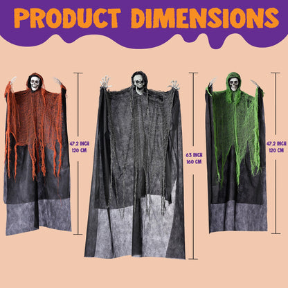 JOYIN 3 Pcs Halloween Hanging Grim Reapers, one 63” Two 47” Grim Reapers, Halloween Skeleton Outdoor Decoration Flying Ghost for Haunted Haunted House Prop, Party Supplies Decor
