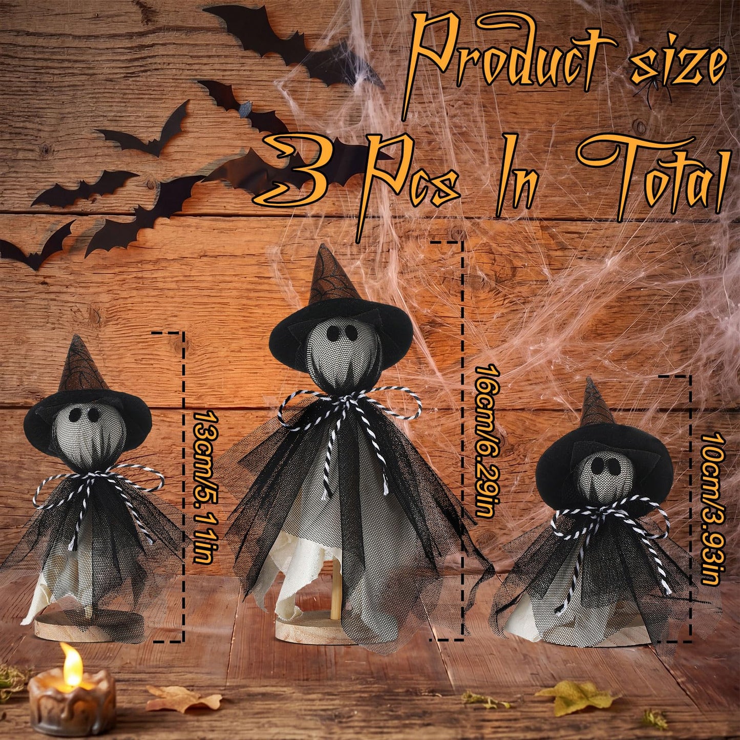 Redbaker 3 Pcs Halloween Decorations Indoor Primitive Halloween Ghost with Witch Hat on Wood Stand Spooky Ghost Tiered Tray Decor Rustic Table Centerpiece for Home Office Mantel Shelf (Black, Gothic)