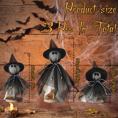 Redbaker 3 Pcs Halloween Decorations Indoor Primitive Halloween Ghost with Witch Hat on Wood Stand Spooky Ghost Tiered Tray Decor Rustic Table Centerpiece for Home Office Mantel Shelf (Black, Gothic)