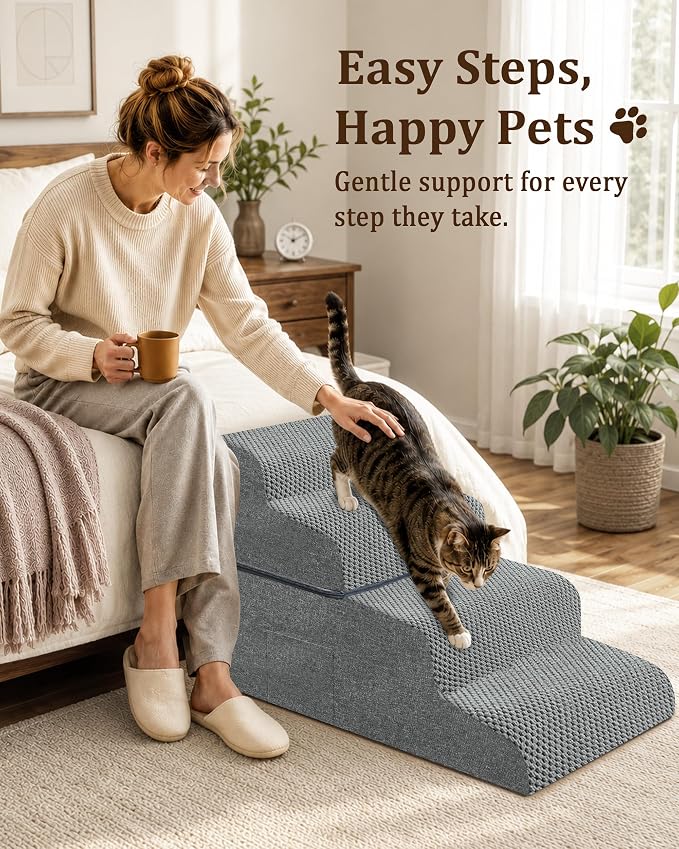 Dog Stairs for Bed, 19" H 4-Step Dog Steps for Window Seat & Loft Couch, Non-Slip Stable Pet Stairs for Small & Senior Dogs, Senior-Friendly Gentle Steps, Foldable Doggy Stairs for Resting