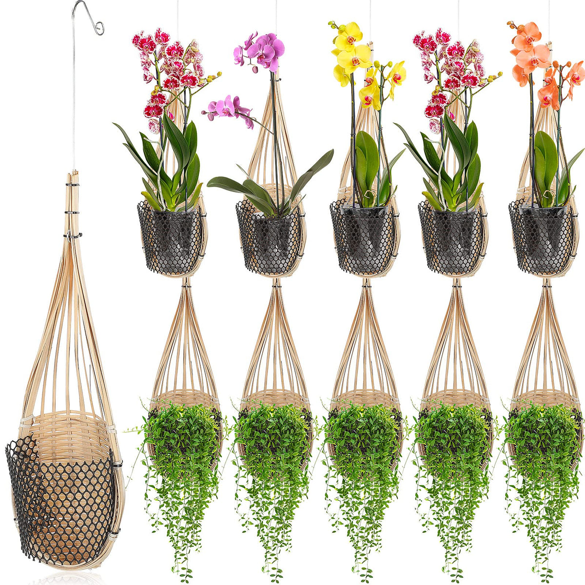 Weysat 10 Pack Hanging Orchid Planter Thai Bamboo Woven 4 Inch Bird Nest Style Orchid Hanging Basket Bamboo Flower Basket with Metal Hook for Trellis Gazebo Indoor Outdoor Wall Small Flower Planter