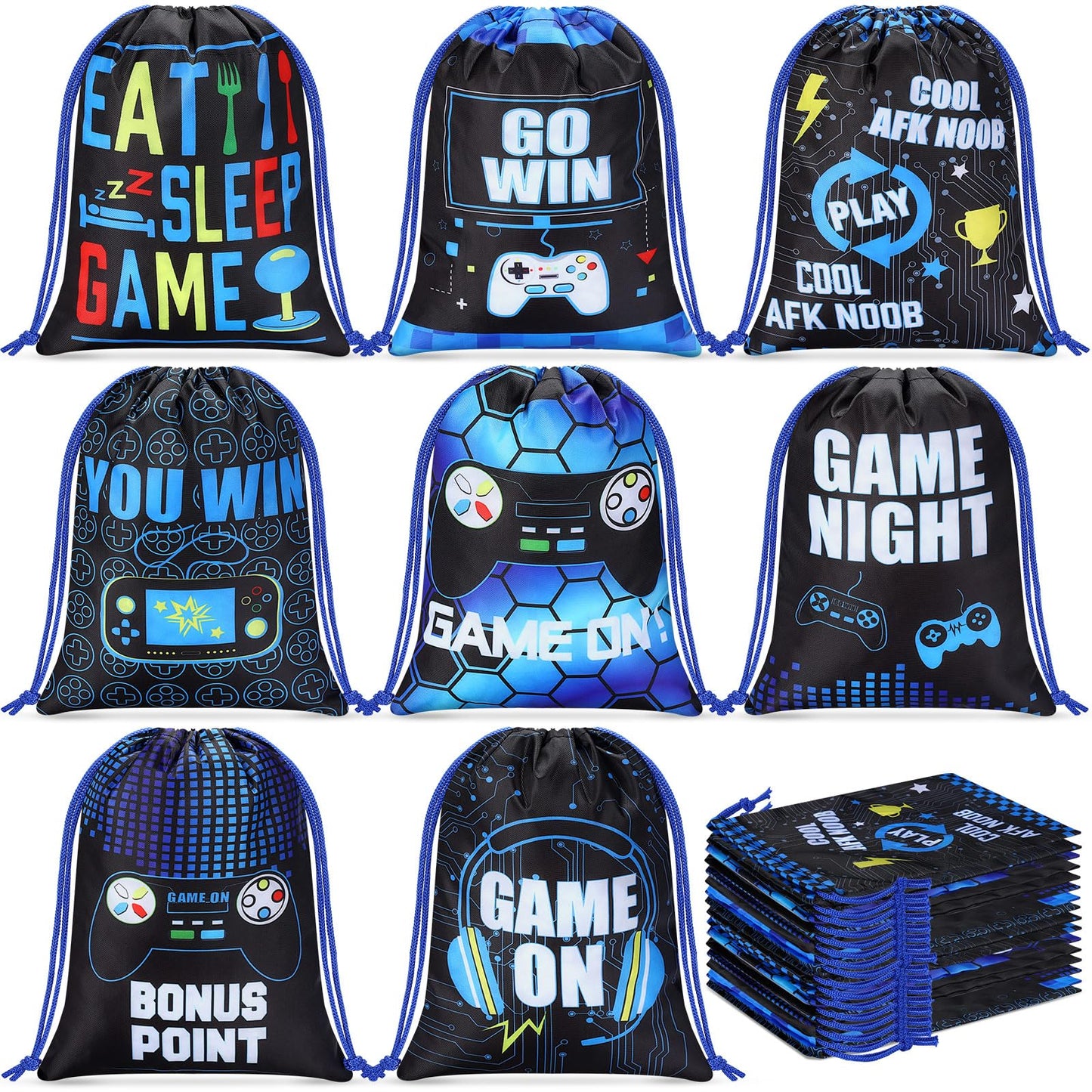 Faccito 16 Pieces Video Game Party Favors Bags 7 x 9.8 Inch Gaming Party Drawstring Bags Bulk Game Theme Goodie Candy Treat Gift for Boys Girls Birthday Supplies, 8 Styles(Blue)