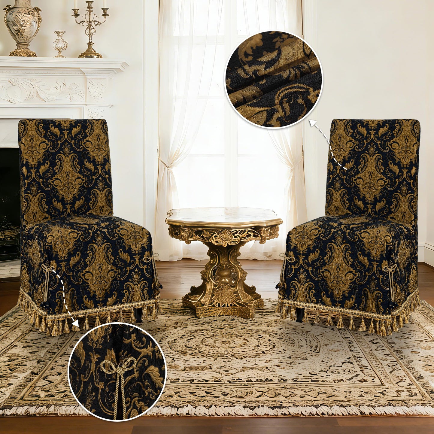 Loom and Mill 1 Piece Luxury Dining Chair Cover, Classic Damask Jacquard Dining Room Parsons Chair Covers with Tassels & Ties, Non Slip Full Cover Protector for Halloween Holiday Party Decor(Black)