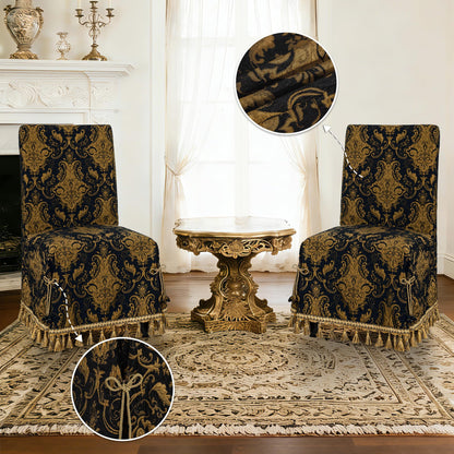 Loom and Mill 1 Piece Luxury Dining Chair Cover, Classic Damask Jacquard Dining Room Parsons Chair Covers with Tassels & Ties, Non Slip Full Cover Protector for Halloween Holiday Party Decor(Black)