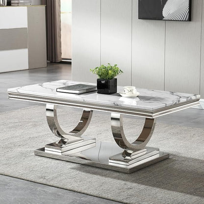 2 Piece Living Room Table Set Include 1 Faux Marble Coffee Table & 1 End Table, Modern White Silver Coffee Table Set of 2 with Double O Shape Stainless Steel Pedestal Base