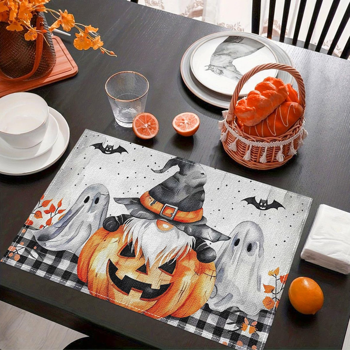 Niviy Buffalo Plaid Bat Ghost Pumpkins Halloween Placemats Set of 4, 12x18 Inch Horror Halloween Table Mats for Holiday Party Kitchen Dining Room Decoration