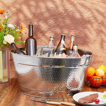 Uiifan 2 Pcs 24 Quart 6 Gallon Hammered Stainless Steel Beverage Tub Heavy Duty Oval Metal Large Ice Bucket for Drinks Bucket Cooler Ice Container for Bar Wedding Parties Anniversary Wine (Silver)