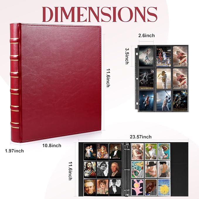 WOT I Vintage Leather Card Binder | Holds 450 Cards, Refillable Leather 3 Ring Binder for MTG/TCG/Sports Cards, Elegant Book-Style Organizer - Red