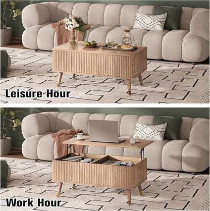 Lift Top Coffee Table with Storage, Mid Century Modern Coffee Table with Solid Wood Legs, 38" Minimalist Fluted Center Table for Living Room, Home Office, Natural Oak