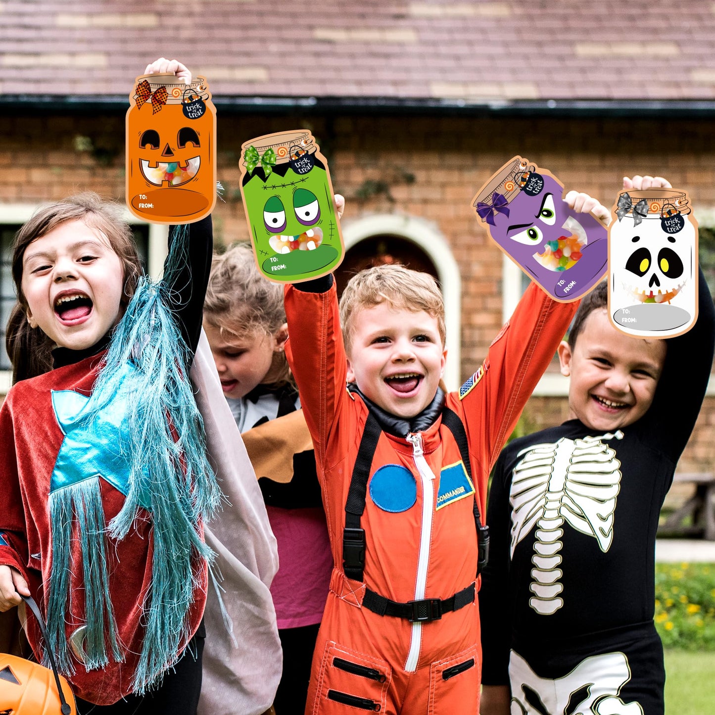 TICIAGA 48set Halloween Treat Bag Fillers with Gift Cards Happy Halloween Mason Jar Candy Holder for Kids DIY Halloween Skull Black Cat Candy Card Gifts Happy Halloween Trick or Treat Party Favors