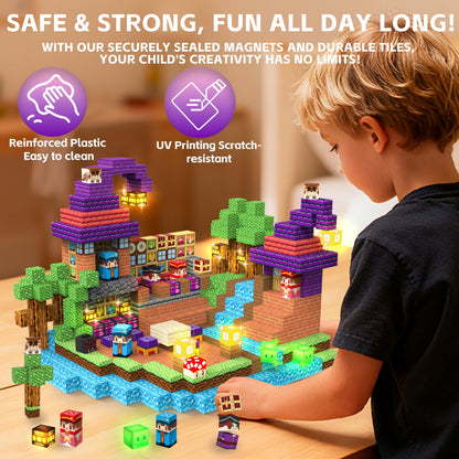 Gryxpox 200PCS Magnetic Blocks - Magnetic School Castle Set with Light Up Blocks - Kids Classroom Sensory Toy for Toddlers STEM, Construction Stacking Toy Kids 3+ Boys Girls Christmas Birthday Gifts