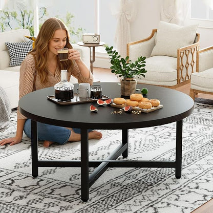 Coffee Table, 31.5" Large Coffee Tables, Black Round Coffee Tables for Living Room, Floor Table for Sitting on The Floor, Center Coffee Table with Metal Frame for Office Apartment Home
