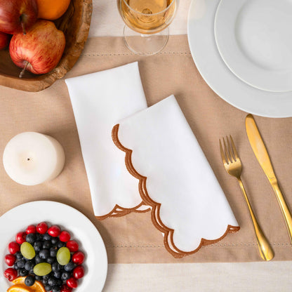 Blue Needles Scalloped Embroidery Cloth Napkins - 100% Cotton Set of 4 White Cloth Napkins with Scallop Design, 17 X 17 Inch Soft, Reusable, Washable Spring Summer Easter Table Decor - Edges - Rust