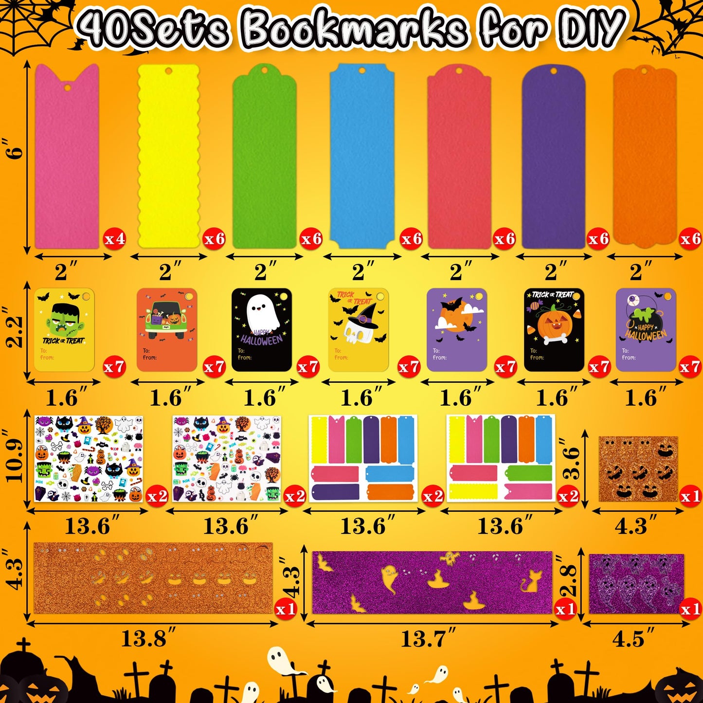 80UncleKimby 40 Sets Halloween Bookmark DIY Craft Kit with Stickers Accessories for Party Activities Craft Projects Gifts
