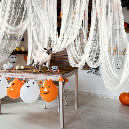 RunNico 600" x 85" Creepy Cloth - Large White Halloween Spooky Fabric Cloth - Creepy Spooky Halloween Decorations for Haunted House Window Backdrops Garden Party Yard Wall Doorway