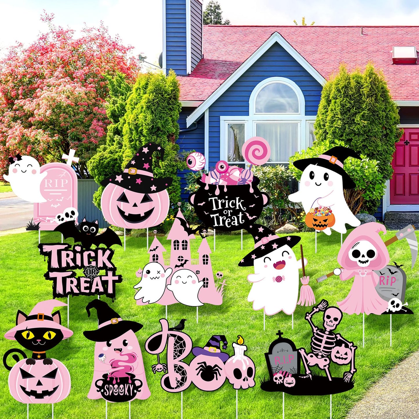 Huwena 12 Pcs Pink Halloween Decorations Cute Halloween Baby Shower Yard Stakes Spooky Pumpkin Cat Ghost Witch Garden Signs with Stakes for Halloween Happy Boo Party Lawn Patio Outdoor