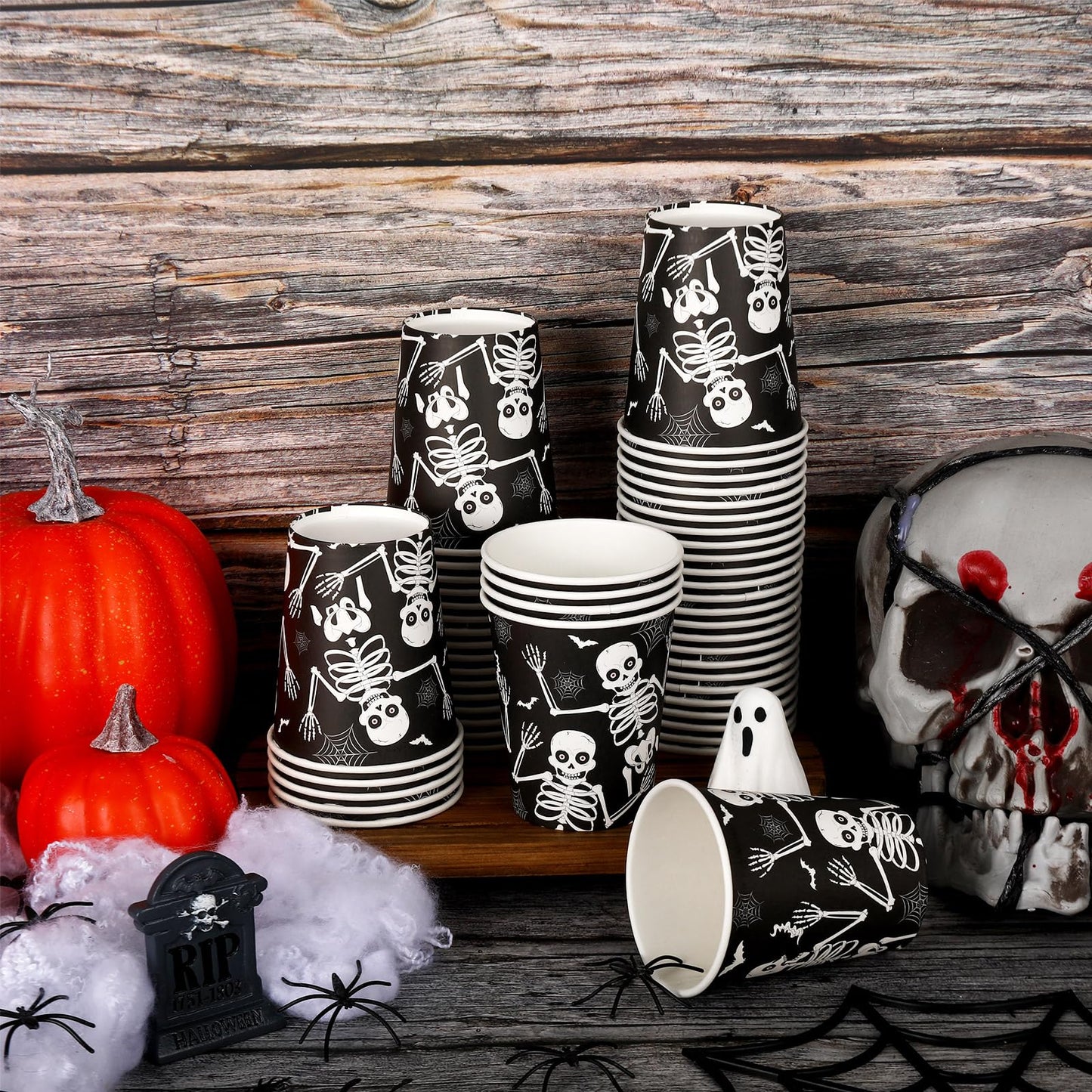 JarThenaAMCS 50Pcs Halloween Disposable Paper Cups 9oz Skeleton Party Cups for Coffee Juice Hot Cold Drinks Trick or Treat Party Supplies