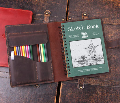 Robrasim Handmade Leather Sketchbook Cover, Leather Artist Sketch Pad Cover for 5.5" x 8.5" Sketchbook, Drawing Book and Pencil Case, Journal Notebook Portfolio, Artis Gifts-Coffee