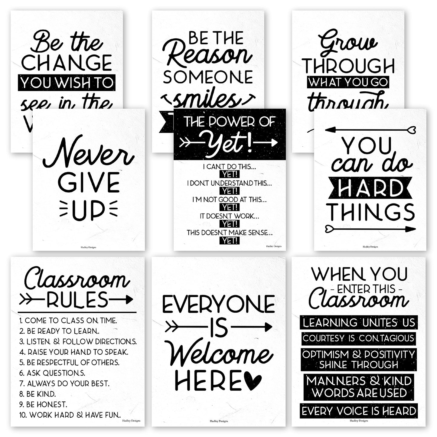 Hadley Designs Motivational Poster for Classroom Decor - 9 Growth Mindset Classroom Posters Elementary, Inspirational Wall Decor Middle School, Teacher Must Haves, Black Bulletin Board Decorations