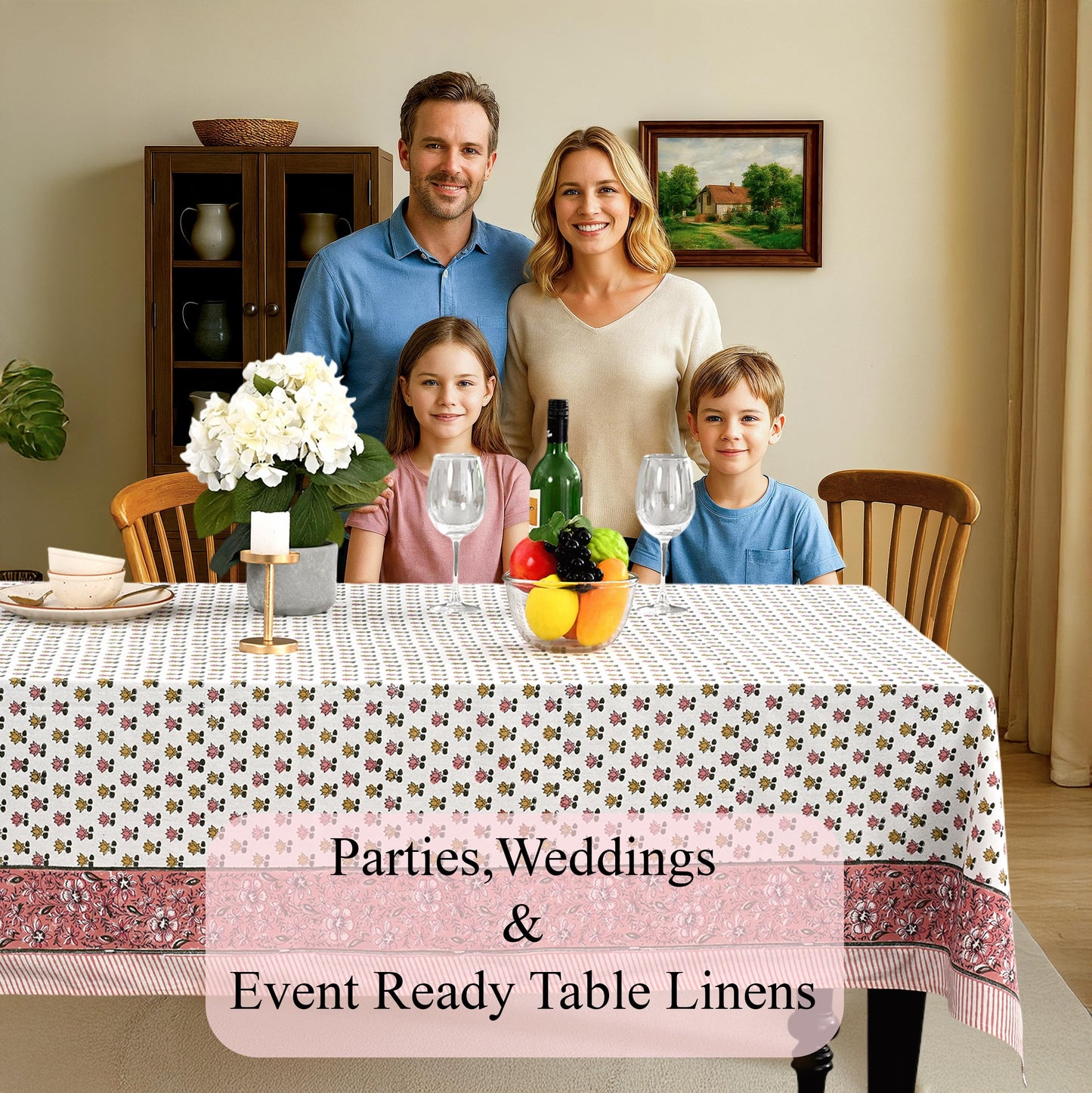 CPC Rosette Bloom Tablecloth 100% Cotton 60x60 Inch Indian Block Print Rectangle Table Cover, Table Cloth for Gifting in Weddings, Halloween, Fall, Christmas, Thanksgiving