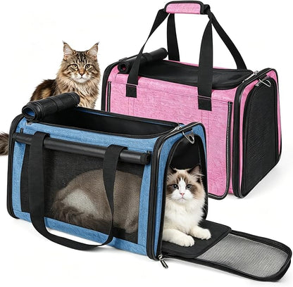YUDODO 2 Packs 25 lbs Lightproof Soft Sided Pet Carrier for Large Cat & Small Dog Airline Approved Travel Bag Puppy Carriers with Side Pockets & Reflective Mesh, Foldable Portable Pink+Lake Blue