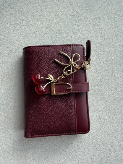 Ninmon Shares Small Wallet for Women Wine Red PU Leather Trifold Card Holder with Coin Pocket & Red Cherry Keychain (Red)
