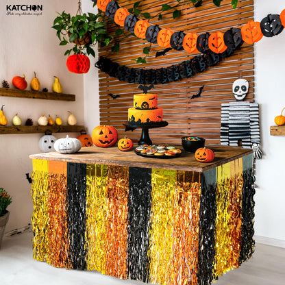 KatchOn, Black and Gold Table Fringe – Pack of 2 | Black, Gold, Orange Party Decorations | Tinsel Table Skirt Streamers for Graduation Decorations 2026 | Construction Party Decorations