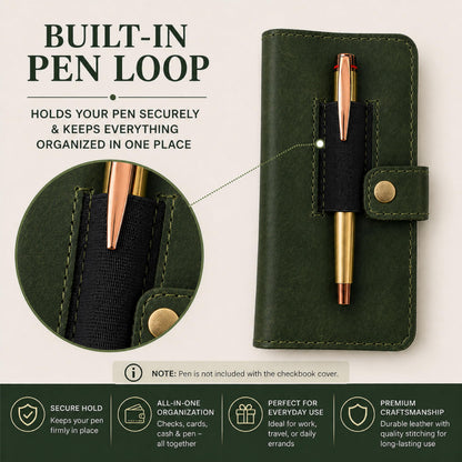 TheAntiq Genuine Leather Checkbook Cover Green - Handmade Check Holder with Divider & ID Window, Slim Organizer Wallet for Business, Travel & Everyday Use, 3.5 x 7 in