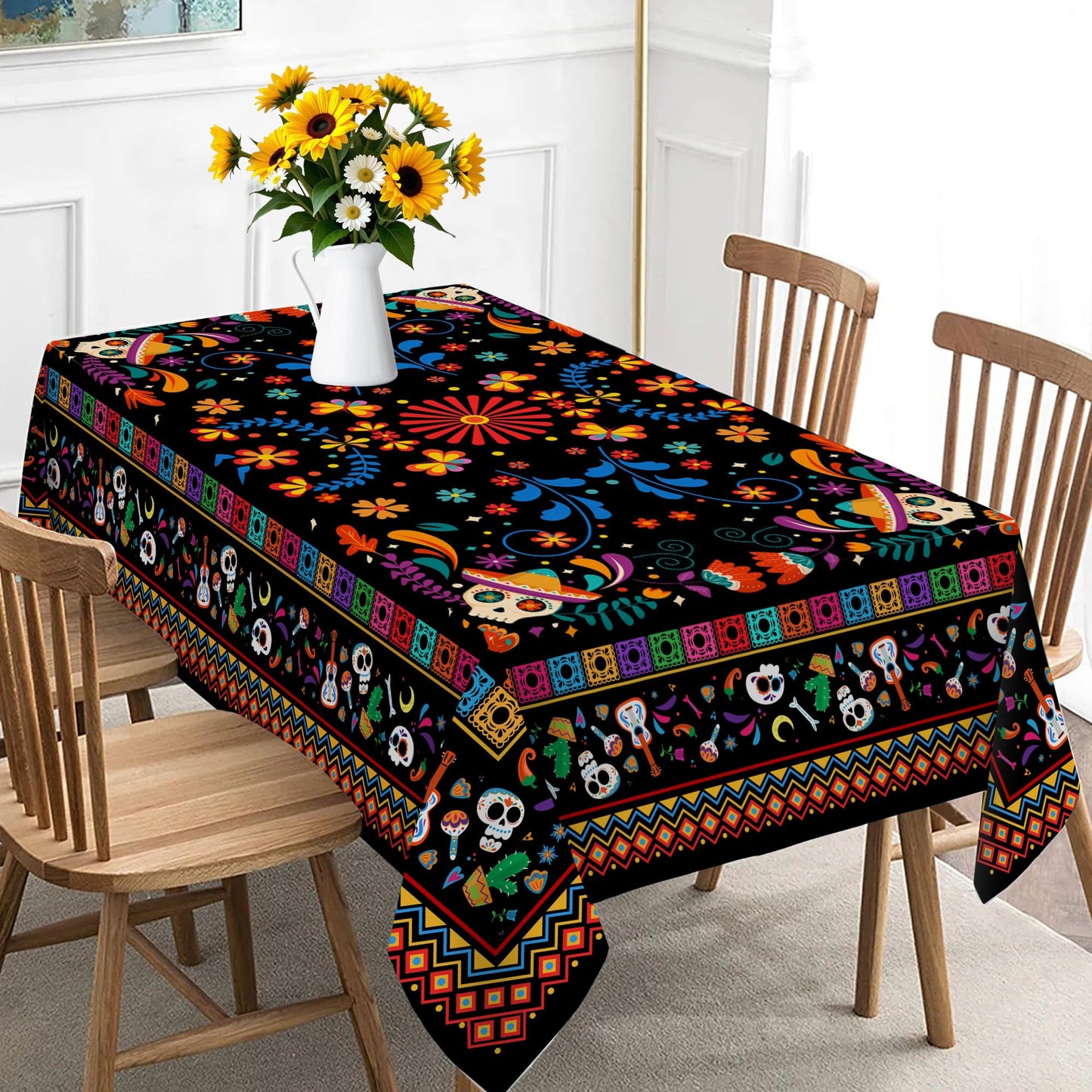Unibyby Mexican Tablecloth Rectangle 60 x 120 Inch, Cinco De Mayo Flower Skull Table Cloth Fiesta Indoor Decorations for Dining Room Party