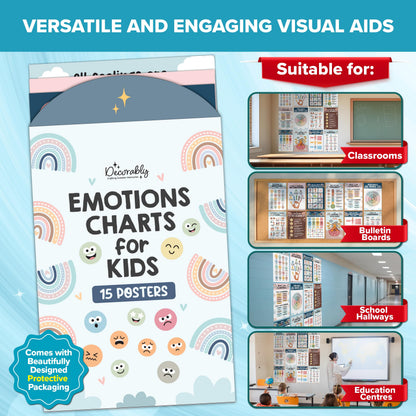 Decorably 15 Social Emotions Poster for Classroom, 11x17in Educational, Matte-Laminated Chart for Kids - School Hallways, Bulletin Boards, Home Study Room