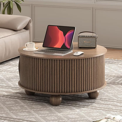 Round Coffee Table with Storage, 31.5" Mid Century Modern Coffee Table with Sliding Door & Bun Feet, Minimalist Fluted Center Table for Living Room, Home Small Space, Walnut