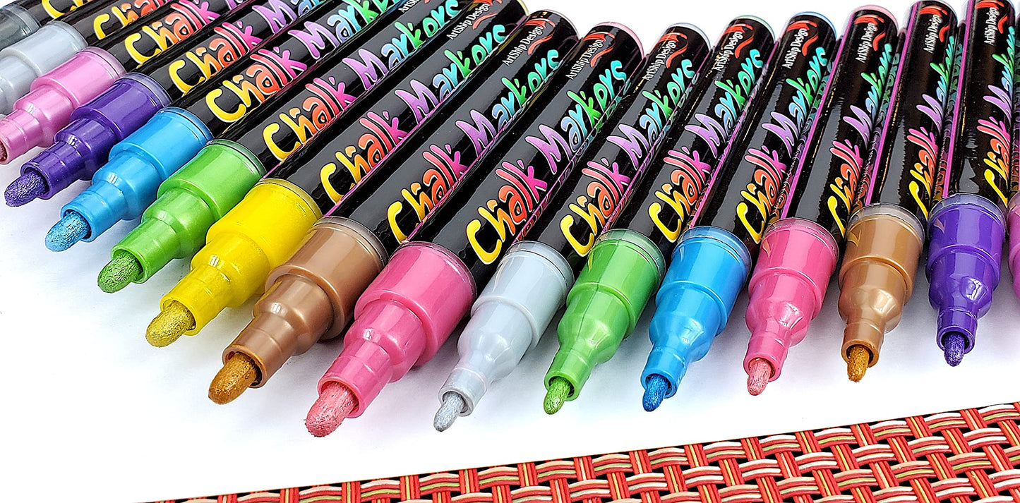 18 Metallic Chalk Markers - Double Pack of Both Fine and Reversible Medium Tip Liquid Chalk Pens Wet Erasable - Menu Boards, Glass, Windows, White Boards, Mirrors, Chalk Boards, Plastic