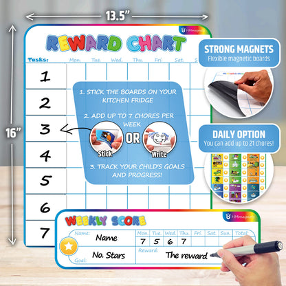 Large Magnetic Reward Chart for Kids - 127 Pre-Written Stickers (Including Potty Training) + 30 Customizable Chores - Behavior, Responsibility & Incentive Routine Star Chart for Fridge (1 Kid Version)