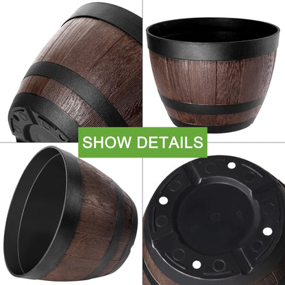 VECELO Plant Pots with Drainage Holes & Saucer, 9 Inch Flower Pots with Tray, 3 Pack Plastic Whiskey Barrel Planters for Indoor & Outdoor Garden Home Plants and Flowers