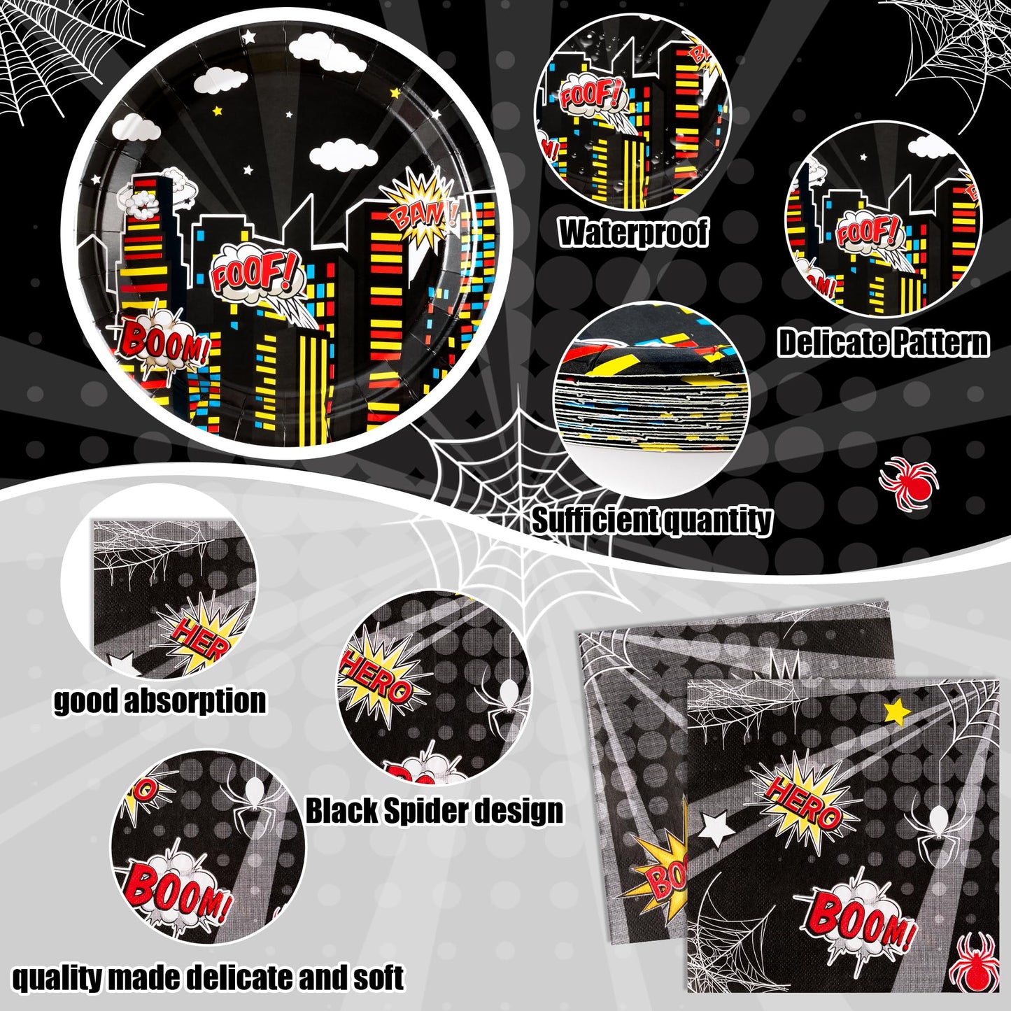 Andi Cppss Black Spider Birthday Party Supplies - 96PCS Black Spider Birthday Party Plates and Napkins Forks Disposable Tableware Birthday Parties Table Dinnerware Baby Shower Plates Serve 24 Guests