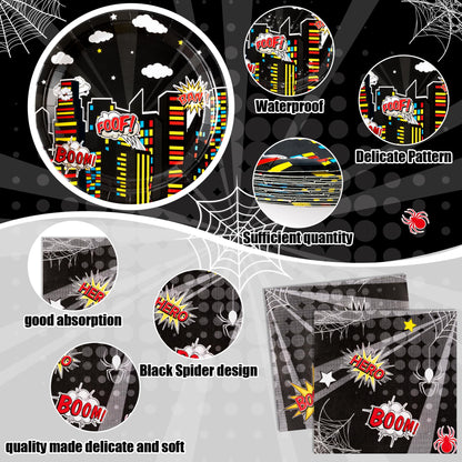 Andi Cppss Black Spider Birthday Party Supplies - 96PCS Black Spider Birthday Party Plates and Napkins Forks Disposable Tableware Birthday Parties Table Dinnerware Baby Shower Plates Serve 24 Guests