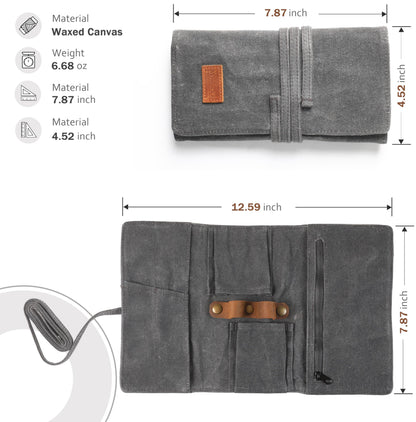 Whitluck's Waxed Canvas Tobacco Smoking Pipe Pouch with Leather Pipe Stand, Travel Pipe Case Bag for 2 Pipes and Other Accessories (Charcoal Grey)